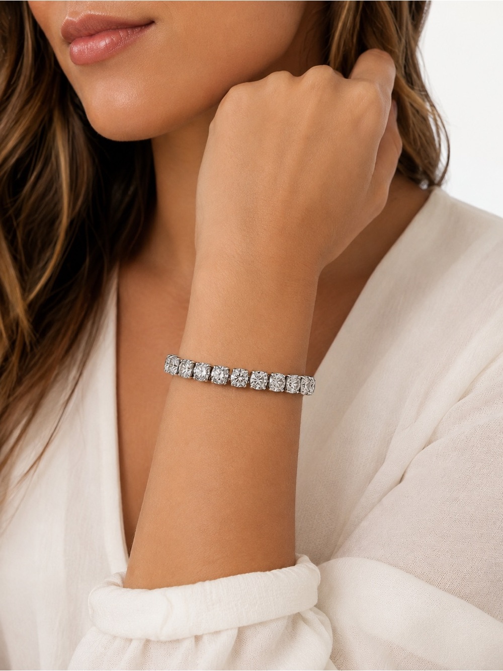 Silver Tone Rhinestone Tennis Bracelet Classic Glam Sparkle Jewelry - Picture 2 of 5